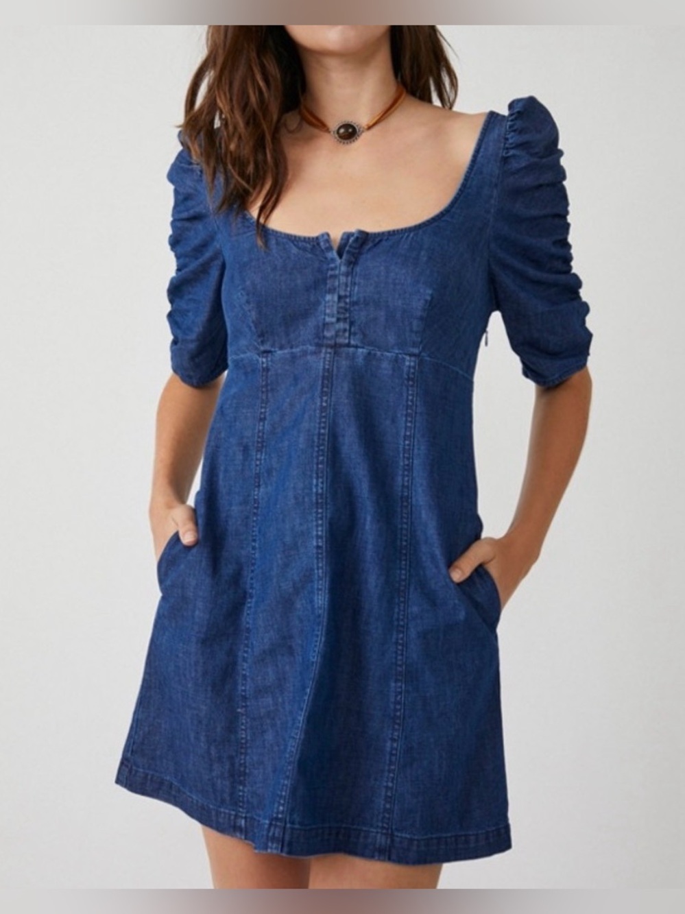 Free People Blue Denim Hook Eye Ruched Puff Sleeve Mini Dress Pockets Prairie S